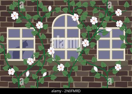 Windows on brick wall in cartoon style illustration Stock Vector Image ...