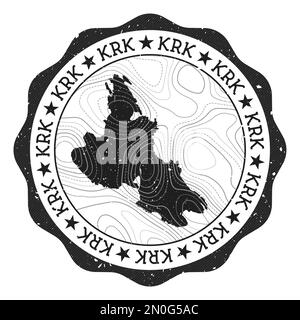 Krk outdoor stamp. Round sticker with map of island with topographic isolines. Vector illustration. Can be used as insignia, logotype, label, sticker Stock Vector