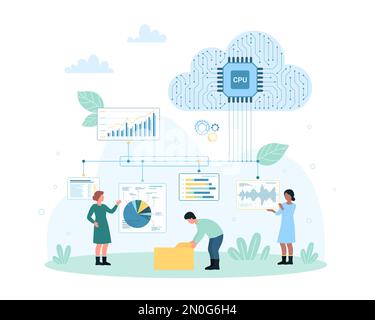 Big financial data analysis service vector illustration. Cartoon tiny people work with cloud computer system and circuit connections to analyze trades, economy circulation in data charts and graphs Stock Vector
