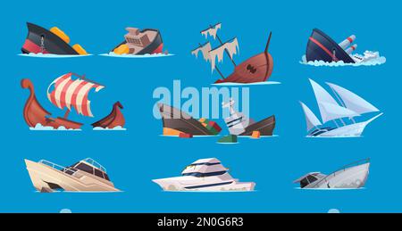 Broken sailor boats. Crash accident in sea damaged ships and brigantines exact vector cartoon collection Stock Vector