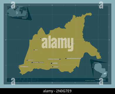 Caaguazu, department of Paraguay. Solid color shape. Locations and names of major cities of the region. Corner auxiliary location maps Stock Photo