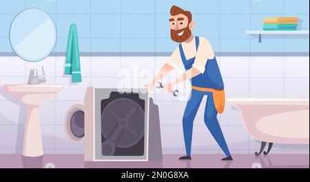 Plumber background. In home interior working craftsman fixing problems with plumber appliance exact vector illustrations Stock Vector