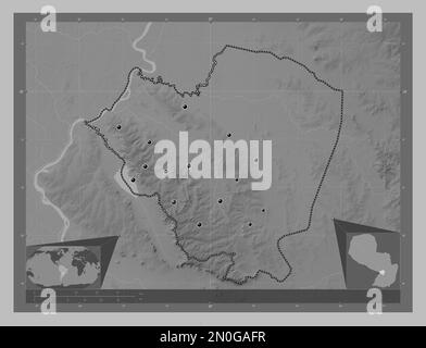 Cordillera, department of Paraguay. Grayscale elevation map with lakes and rivers. Locations of major cities of the region. Corner auxiliary location Stock Photo