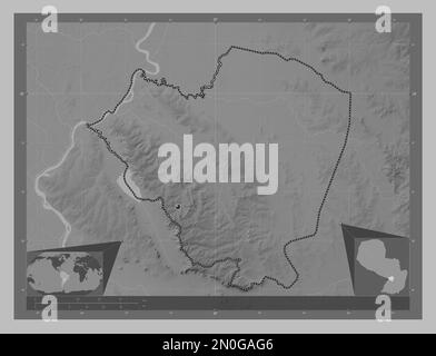 Cordillera, department of Paraguay. Grayscale elevation map with lakes and rivers. Corner auxiliary location maps Stock Photo