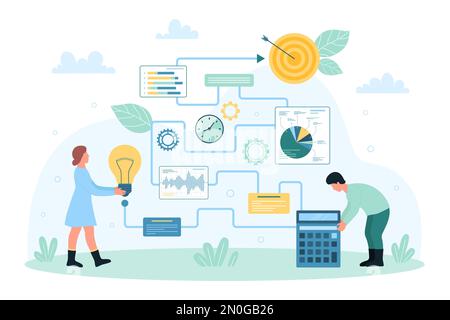 Business strategy and tactics planning process vector illustration. Cartoon tiny people plan goal achievement on long scheme with data charts, ideas and target, work with flipchart presentation Stock Vector