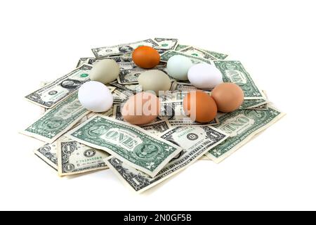 Eggs nested in a pile of cash Stock Photo