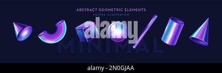 3d abstract minimal geometric shapes. Vector illustrated in glossy neon colors Stock Vector