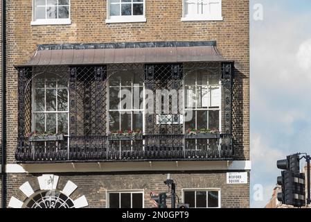 Elaborate balcony metalwork in Bedford Square, Camden, Westminster. Stock Photo