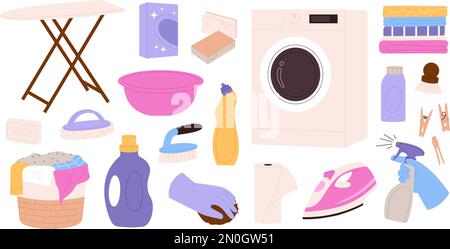 Laundry elements collection, washer, wash powder in box and cleaning spray. Paper towel and soap, dirty clothes basket. Cartoon house clean racy Stock Vector