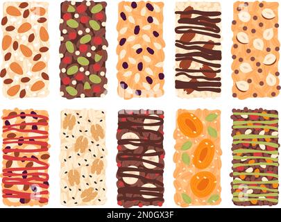Muesli bars with nuts and dry fruits. Energy seed snack, natural healthy granola dessert for road or trip. Athletic food, organic muesli racy vector Stock Vector