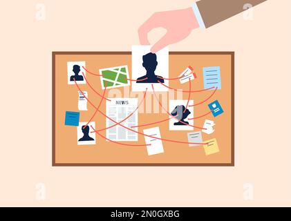 Investigation police office board with photos of wanted and stickers. Detective investigations of a crime, hand with a photo of criminal, vector scene Stock Vector