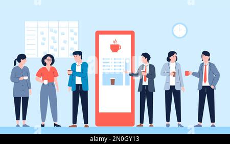 People drink coffee from vending machine. Office person business lunch, creative team on break. Flat woman man drinking hot beverages, vector scene Stock Vector