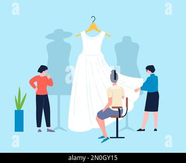 White dress sewing or presentation in wedding store. Flat girl looking cloth for marriage. Fashion tailoring workshop, personal stylist vector scene Stock Vector