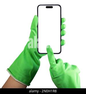 Lodz, Poland February 05 2023 Hand in gloves holding mobile phone mockup, blank screen for ordering cleaning service app, smartphone application ad is Stock Photo