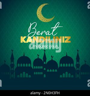 Muslim holiday Berat Kandili. Vector concept of Islamic holy night. Card with silhouette of the mosque, crescent moon. Gradient green background with Stock Vector
