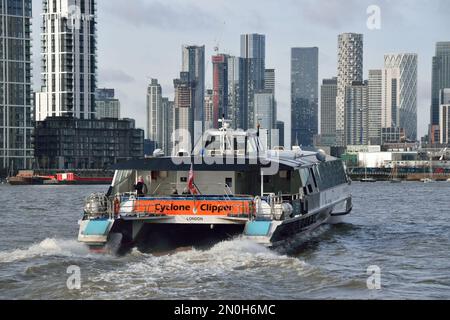 Uber Boat by Thames Clipper river bus service vessel Cyclone Clipper operating the RB1 river bus service on the River Thames in London Stock Photo