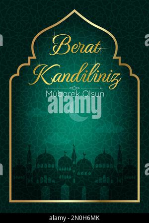 Muslim holiday Berat Kandiliniz. Vector concept of Islamic holy night. Vertical card with silhouette of the mosque and crescent moon. Mubarec olsun. V Stock Vector