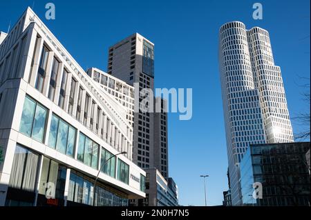 16.01.2023, Berlin, Germany, Europe - View of the Zoofenster tower with the Waldorf Astoria Hotel (left) and the Berlin-Upper West high-rise building. Stock Photo