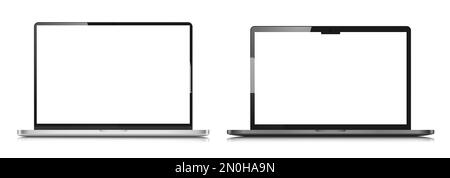 Two laptops with white screens. A set of realistic laptop layouts in a silver thin metal case with reflection. Stock Vector
