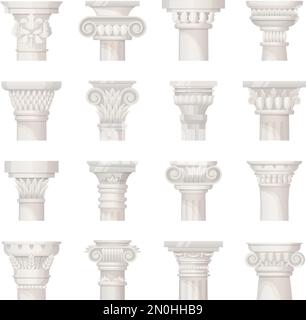 Top of column. Corinthian doric greek rome capital pillars, columns of indian temple or antique castle classic architecture marble pillars set ingenious vector illustration of architecture column Stock Vector