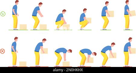 Proper lifting. Correctly and wrong heavy box lift technique, good loadman posture for moving or loading heaviness, safety body bending ergonomic pose, vector illustration of correct box heavy Stock Vector
