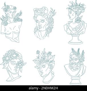 Floral sculptures. Female greek statue with flowers, woman sculpture and david or apollo head, ancient greece modern creative art italy statues, ingenious vector illustration of floral greek sculpture Stock Vector