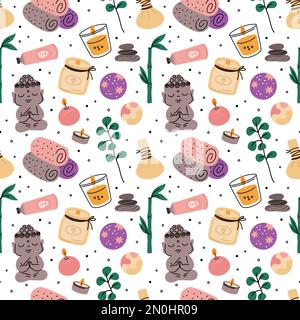 Aroma candles and spa elements seamless pattern. Relaxing and massage items. Decorative beautiful wax objects. Towels and massage stones. Buddha Stock Vector