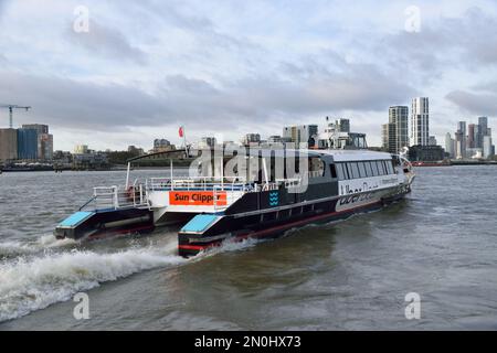 Uber Boat by Thames Clipper river bus service vessel Sun Clipper operating the RB1 river bus service on the River Thames in London Stock Photo