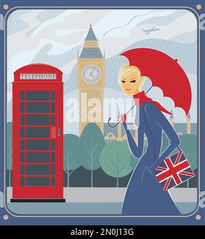 Young girl walking in London under the rain. A red telephone booth and Elizabeth tower with Big Ben on background Stock Vector