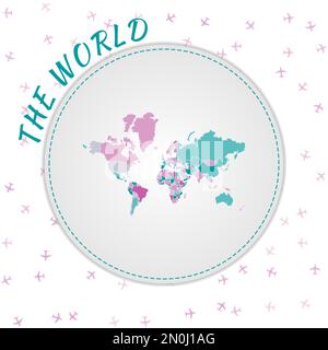 World map design. Map of the world with regions in emerald-amethyst color palette. Rounded travel poster with airplanes background. Stock Vector