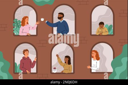 Peeking out window funny characters. Happy people interact with each other. Neighbors at home. House facade. Residential building exterior. Men and Stock Vector