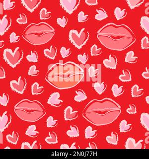Vector Seamless Pattern with chalk drawn Red Lipstick Printing. Repeating heart and lips prints. Repeated background. Beauty backdrop. Stock Vector