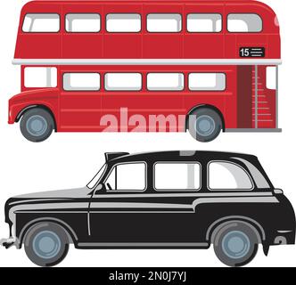 London public transport. Red double decker bus and classic black cab. Flat vector illustration Stock Vector