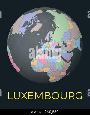 World map centered to Luxembourg. Red country highlighted. Satellite world view centered to country with name. Vector Illustration. Stock Vector