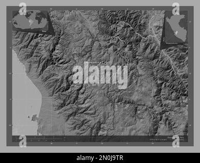 Huancavelica, region of Peru. Bilevel elevation map with lakes and rivers. Locations and names of major cities of the region. Corner auxiliary locatio Stock Photo