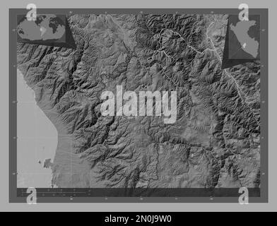 Huancavelica, region of Peru. Bilevel elevation map with lakes and rivers. Locations of major cities of the region. Corner auxiliary location maps Stock Photo