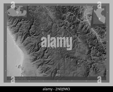 Huancavelica, region of Peru. Grayscale elevation map with lakes and rivers. Locations of major cities of the region. Corner auxiliary location maps Stock Photo