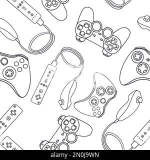 Seamless pattern of game controllers. Vector illustration in hand-drawn outline flat style on white background Stock Vector