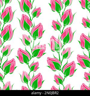 Vector seamless pattern with pink rose flowers and leaves outline on ...