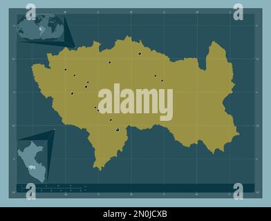 Junin, region of Peru. Solid color shape. Locations of major cities of the region. Corner auxiliary location maps Stock Photo