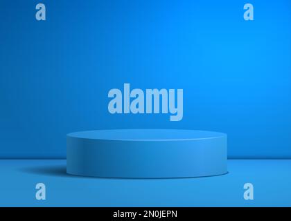 Empty blue podium or pedestal display on blue background. Cylinder stand concept. Blank product shelf standing mock up realistic vector Stock Vector