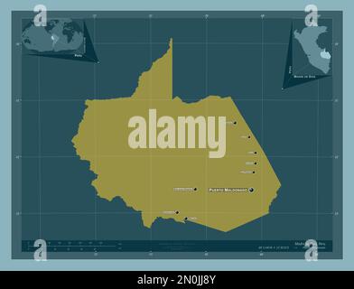 Madre de Dios, region of Peru. Solid color shape. Locations and names of major cities of the region. Corner auxiliary location maps Stock Photo