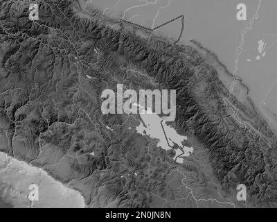 Puno, region of Peru. Grayscale elevation map with lakes and rivers Stock Photo