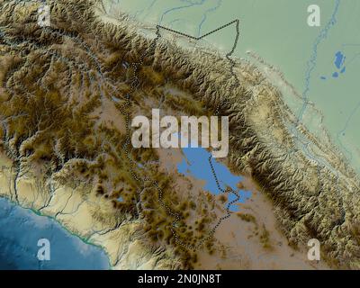 Puno, region of Peru. Colored elevation map with lakes and rivers Stock Photo