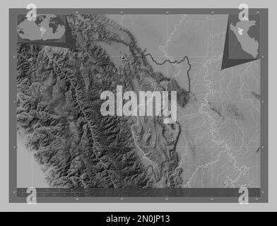 San Martin, region of Peru. Grayscale elevation map with lakes and rivers. Corner auxiliary location maps Stock Photo