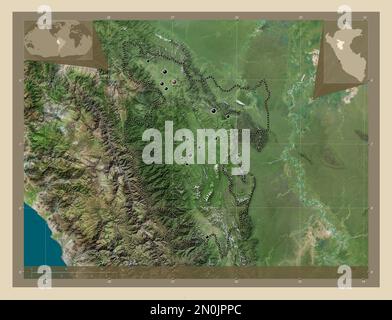 San Martin, region of Peru. High resolution satellite map. Locations of major cities of the region. Corner auxiliary location maps Stock Photo