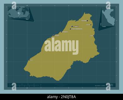 Tumbes, region of Peru. Solid color shape. Locations and names of major cities of the region. Corner auxiliary location maps Stock Photo