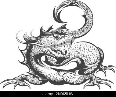 Tattoo of Dragon Drawn in Engraving Style isolated on white background. Vector illustration Stock Vector