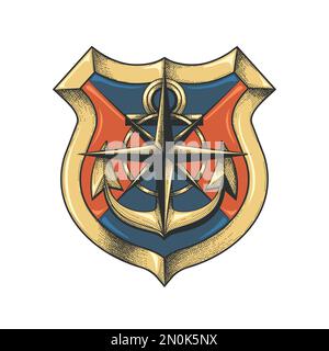 Tattoo of Ship Anchor and Wind Rose on a Shield isolated on white background. Vector illustration Stock Vector