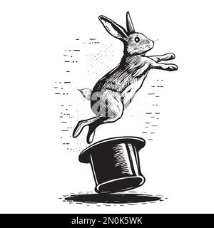 Rabbit jumping out of a top hat hand drawn sketch in doodle style Stock Vector